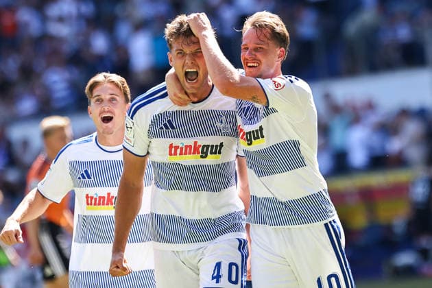 August 8, 2026, xkwix, Soccer, 3rd Division, MSV Duisburg vs. SV Meppen, Schauinsland Reisen Arena, Matchday 1, 2026–2027 Season: Christian Viet (MSV Duisburg 10) celebrates the 2–0 goal alongside Ben Schlicke (MSV Duisburg 40). DFB regulations prohibit any use of photographs as image sequences and or quasi-video. Photo: xKamilxWilkowskixPressefotoKochx North Rhine-Westphalia, Germany