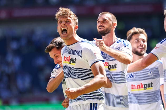 August 8, 2026, xkwix, Soccer, 3rd Division, MSV Duisburg vs. SV Meppen, Schauinsland Reisen Arena, Matchday 1, 2026–2027 season: Cheers and shouts following Ben Schlicke’s goal to make it 2–0. MSV Duisburg 40. DFB regulations prohibit any use of photographs as image sequences and or quasi-video. Photo: xKamilxWilkowskixPressefotoKochx, North Rhine-Westphalia, Germany