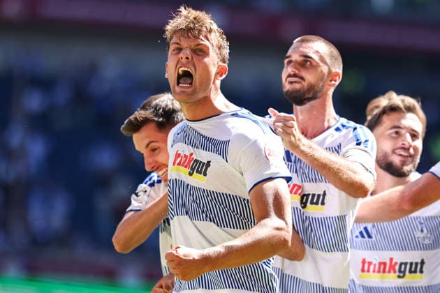 August 8, 2026, xkwix, Soccer, 3rd Division, MSV Duisburg vs. SV Meppen, Schauinsland Reisen Arena, Matchday 1, 2026–2027 season: Cheers and shouts following Ben Schlicke’s goal to make it 2–0. MSV Duisburg 40. DFB regulations prohibit any use of photographs as image sequences and or quasi-video. Photo: xKamilxWilkowskixPressefotoKochx, North Rhine-Westphalia, Germany