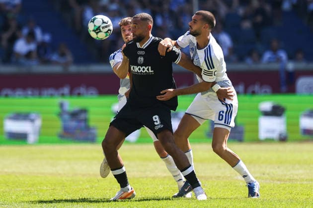 August 8, 2026, xkwix, Soccer, 3rd Division, MSV Duisburg vs. SV Meppen, Schauinsland Reisen Arena, Matchday 1, 2026–2027 season: Rasim Bulic (MSV Duisburg 6) in a tackle against Cyrill Akono (SV Meppen 9). DFB regulations prohibit any use of photographs as image sequences and or quasi-video. Photo: xKamilxWilkowskixPressefotoKochx, North Rhine-Westphalia, Germany