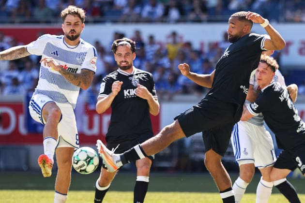August 8, 2026, xkwix, Soccer, 3rd Division, MSV Duisburg vs. SV Meppen, Schauinsland Reisen Arena, Matchday 1, 2026–2027 Season: Lex Tyger Lobinger of MSV Duisburg No. 9 in a tackle against Cyrill Akono of SV Meppen No. 9. DFB regulations prohibit any use of photographs as image sequences and or quasi-video. Photo: xKamilxWilkowskixPressefotoKochx, North Rhine-Westphalia, Germany