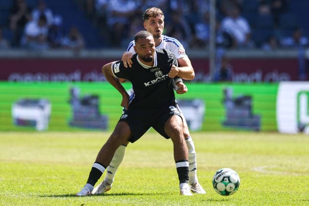 August 8, 2026, xkwix, Soccer, 3rd Division, MSV Duisburg vs. SV Meppen, Schauinsland Reisen Arena, Matchday 1, 2026–2027 Season: Cyrill Akono of SV Meppen 9 in a tackle against xd5. DFB regulations prohibit any use of photographs as image sequences and or quasi-video. Photo: xKamilxWilkowskixPressefotoKochx, North Rhine-Westphalia, Germany