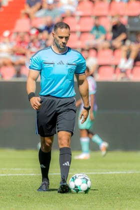 Ingolstadt, Germany, August 8, 2026, 3rd League 2026–2027, Matchday 1: FC Ingolstadt 04 vs. FC Würzburger Kickers. Pictured: Referee Leonidas Exuzidis with the ball, DFB and DFL regulations prohibit any use of photographs as image sequences and or quasi-video. Audi Sportpark Bayern Copyright: xFotostandx xSchäferx