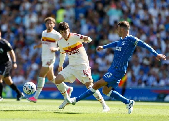 Matias Soule of AS Roma and Pascal Gross of Brighton and Hove Albion compete for the ball Brighton and Hove Albion v Roma, Pre Season Friendly, Football, American Express Community Stadium, Brighton, UK - 08 Aug 2026Brighton American Express Community Stadi United Kingdom EDITORIAL USE ONLY No use with unauthorised audio, video, data, fixture lists, club league logos or live services. Online in-match use limited to 120 images, no video emulation. No use in betting, games or single club league player publications. Copyright: xMattxImpey Shutterstockx 17050873o