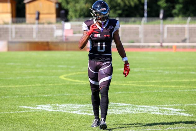 August 8, 2026, Berlin Rebels vs. Dresden Monarchs, GFL, Mommsenstadion, Berlin Nate Stewart of the Berlin Rebels, No. 00, tries to break through