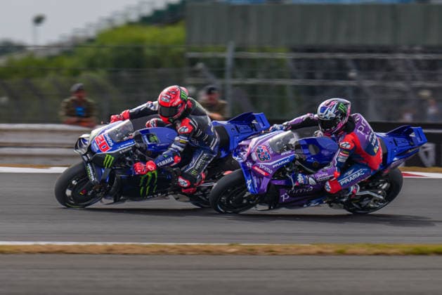 Fabio Quartararo (France) of the Monster Energy Yamaha MotoGP ( 20) and Jack Miller (Australia) of the Prima Pramac Yamaha MotoGP ( 43) during MotoGP Tiscot Sprint race (10 laps) at Round 12 of the 2026 Qatar Airways Grand Prix of Great Britain at Silverstone Circuit, Towcester, England on the 7 August 2026.  Copyright: xDavidxHornx PMI-7310-0208