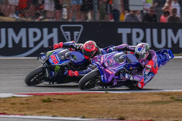 Fabio Quartararo (France) of the Monster Energy Yamaha MotoGP ( 20) and Jack Miller (Australia) of the Prima Pramac Yamaha MotoGP ( 43) during MotoGP Tiscot Sprint race (10 laps) at Round 12 of the 2026 Qatar Airways Grand Prix of Great Britain at Silverstone Circuit, Towcester, England on the 7 August 2026.  Copyright: xDavidxHornx PMI-7310-0209