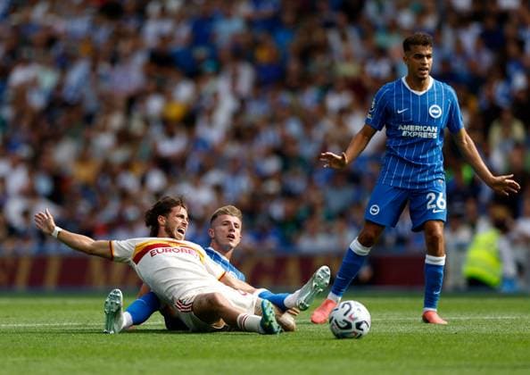 Luigi Cherubini of AS Roma is challenged by Joao Costinha of Brighton and Hove Albion Brighton and Hove Albion v Roma, Pre Season Friendly, Football, American Express Community Stadium, Brighton, UK - 08 Aug 2026Brighton American Express Community Stadi United Kingdom EDITORIAL USE ONLY No use with unauthorised audio, video, data, fixture lists, club league logos or live services. Online in-match use limited to 120 images, no video emulation. No use in betting, games or single club league player publications. Copyright: xMattxImpey Shutterstockx 17050873aa