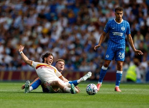 Luigi Cherubini of AS Roma is challenged by Joao Costinha of Brighton and Hove Albion Brighton and Hove Albion v Roma, Pre Season Friendly, Football, American Express Community Stadium, Brighton, UK - 08 Aug 2026Brighton American Express Community Stadi United Kingdom EDITORIAL USE ONLY No use with unauthorised audio, video, data, fixture lists, club league logos or live services. Online in-match use limited to 120 images, no video emulation. No use in betting, games or single club league player publications. Copyright: xMattxImpey Shutterstockx 17050873z
