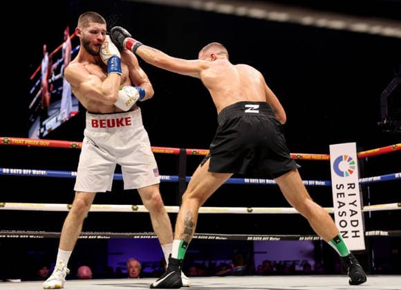 Zuffa Boxing 10, 3Arena, Dublin 8 8 2026 Conor Coyle lands a punch on Mark Beuke Conor Coyle lands a punch on Mark Beuke 8 8 2026  Copyright: xx AC012656