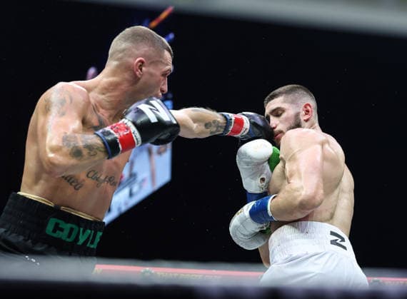 Zuffa Boxing 10, 3Arena, Dublin 8 8 2026 Conor Coyle lands a punch on Mark Beuke Conor Coyle lands a punch on Mark Beuke 8 8 2026  Copyright: xx NE1L1698