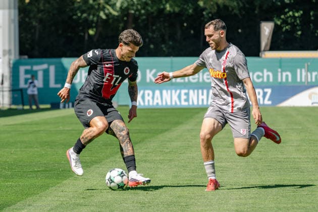 Tackle between Niklas Castelle of Viktoria Cologne, 44, and Oscar Schoenfelder of SSV Jahn Regensburg, 07; FC Viktoria Cologne vs. SSV Jahn Regensburg, Soccer, 3rd Division, Matchday 01, 2026–2027 Season, August 8, 2026 DFL and DFB regulations prohibit any use of photographs as image sequences and or quasi-video FC Viktoria Cologne vs. SSV Jahn Regensburg, soccer, 3rd Division, Matchday 1, 2026–2027 season, August 8, 2026, Cologne Copyright: xEibner-Pressefoto ThomasxHaeslerx EP_THR