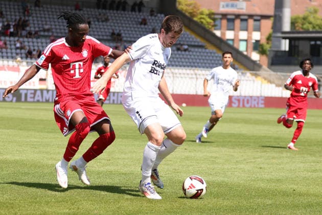 August 8, 2026, Men s, Soccer, 2026–2027 Season, Bavarian Regional League, Matchday 3: FC Bayern Munich II vs. FC Schweinfurt 05. From left: Richard Ajayi (FC Bayern Munich II, No. 03) vs. Kevin Fery (FC Schweinfurt 05, No. 15). Munich, Municipal Stadium an der Grü, Bavaria, Germany