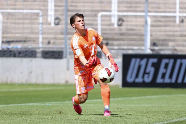 August 8, 2026, Men s, Soccer, 2026–2027 Season, Bavarian Regional League, Matchday 3: FC Bayern Munich II vs. FC Schweinfurt 05; Goalkeeper Jannis Bärtl of FC Bayern Munich II, No. 01 with the ball; Single frame; Munich, Municipal Stadium an der Grü, Bavaria, Germany