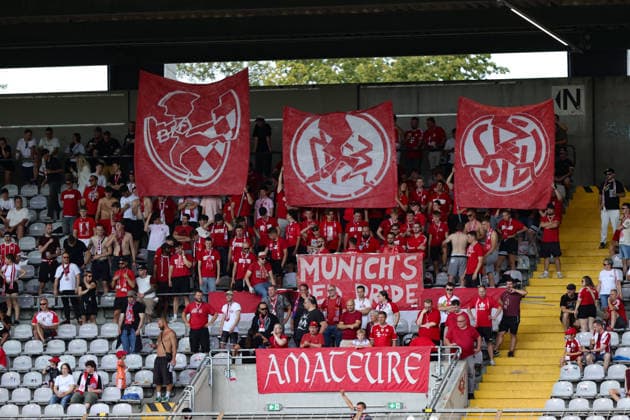 August 8, 2026, Men s, Soccer, 2026–2027 Season, Bavarian Regional League, Matchday 3: FC Bayern Munich II vs. FC Schweinfurt 05. Fans of FC Bayern Munich II display banners protesting against the BFV and the DFB. Munich, Municipal Stadium an der Grü, Bavaria, Germany