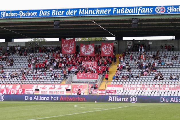 August 8, 2026, Men s Soccer, 2026–2027 Season, Bavarian Regional League, Matchday 3: FC Bayern Munich II vs. FC Schweinfurt 05; Protest by Munich fans against the BFV and the DFB; Munich Municipal Stadium an der Grü, Bavaria, Germany