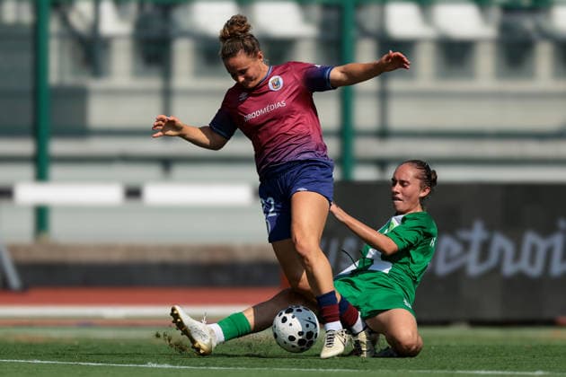 Biella, Italy, 8th August 2026. Agnesa Aliu of KFF Apolonia challenges Jannie Marshall Lakip of SCU Torreense during the SCU Torreense vs KFF Apolonia UEFA Womens Champions League Play Offs 3rd place match at Stadio Vittorio Pozzo, Biella. Picture credit should read: Jonathan Moscrop Sportimage EDITORIAL USE ONLY. No use with unauthorised audio, video, data, fixture lists, club league logos or live services. Online in-match use limited to 120 images, no video emulation. No use in betting, games or single club league player publications. SPI_014_TORREENSE_APOLONIA SPI-4905-0014