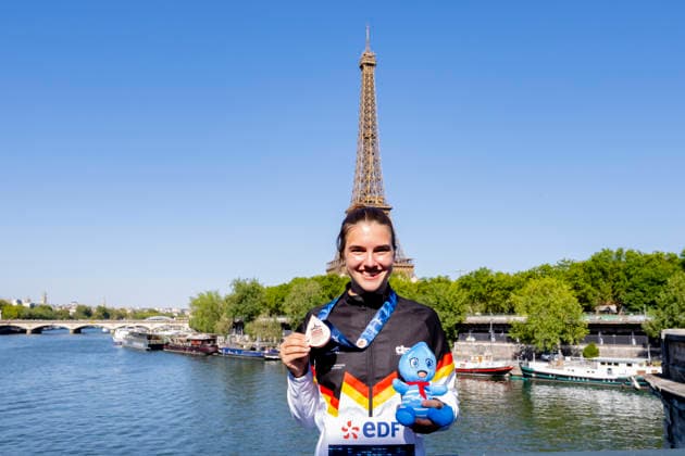 France, Paris, Seine River, Bir Hakeim, August 8, 2026, European Aquatics Championships – Artistic Swimming, Day 9, Women’s 20m Platform, Maike Halbisch of Germany, Photo by Eibner Pressefoto Tino Henschel, European Aquatics Championships – Artistic Swimming, Day 9, Women’s 20m Platform, Paris Copyright: xEibnerxPressefotox