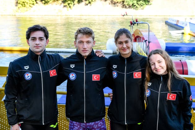 Emir Batur Albayrak, Muhammed Yavuz Selim Oguz, Su Inal, Tuna Erdogan of Turkiye prepare to compete in the open water swimming 4x1500m Mixed Relay Final during the European Aquatics Championships at the River Seine in Paris (France), August 8, 2026. Andrea Staccioli