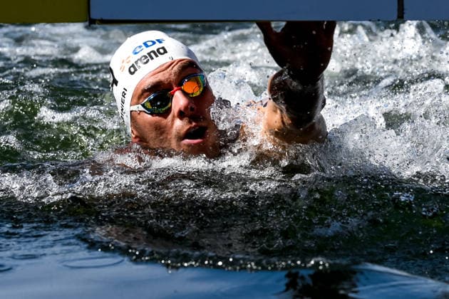 Gregorio Paltrinieri of Italy wins the silver medal in the open water swimming 4x1500m Mixed Relay Final during the European Aquatics Championships at the River Seine in Paris (France), August 8, 2026. Andrea Staccioli