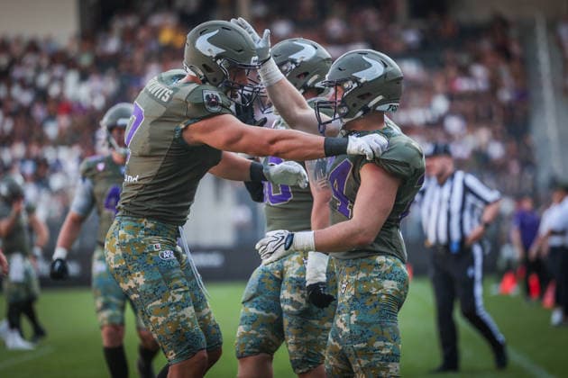 AMERICAN FOOTBALL - AFLE, Vikings vs Panthers VIENNA,AUSTRIA,08.AUG.26 - AMERICAN FOOTBALL - AFLE, American Football League Europe, Vienna Vikings vs Panthers Wroclaw. Image shows the rejoicing of Vikings.  GEPAxpictures xDavidxBitzan