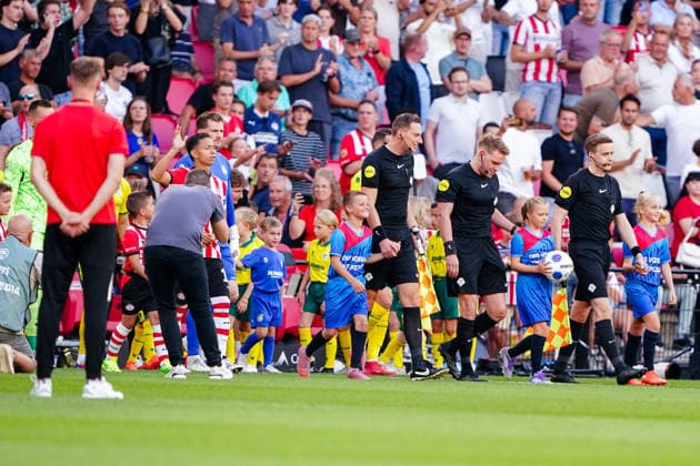 2026-08-08 PSV Eindhoven v Fortuna Sittard - Dutch Eredivisie EINDHOVEN, NETHERLANDS - AUGUST 8: Alex Bos referee, Marco Ribbink assistant referee, Joris Westhof assistant referee looks on during the Dutch Eredivisie match between PSV Eindhoven and Fortuna Sittard at Philips Stadion on August 8, 2026 in Eindhoven, Netherlands. Eindhoven Philips Stadion Netherlands Content not available for redistribution in The Netherlands directly or indirectly through any third parties. Copyright: xAndrexWeeningx