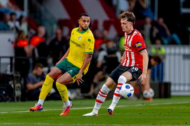 EINDHOVEN: Fortuna Sittard midfielder Mohamed Ihattaren and PSV Eindhoven midfielder Paul Wanner during the Vriendenloterij Eredivisie match between PSV and Fortuna Sittard at Philips Stadion on August 8, 2026, in Eindhoven, Netherlands. Photo by DeFodi Images