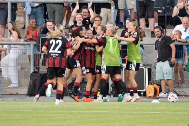 August 8, 2026, xhfmx, Soccer UEFA WCLQ, Eintracht Frankfurt vs. Malmö FF The Eintracht Frankfurt women celebrate Laura Freigang s goal to make it 2–0 against Malmö Eintracht Frankfurt, 10th goal, Goal, celebration, Celebration. DFL and DFB regulations prohibit any use of photographs as image sequences and or quasi-video. Frankfurt