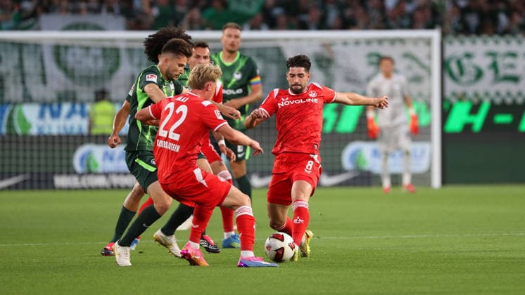 VfL vs. 1 FCK, 2. Bundesliga Wolfsburg, August 8, 2026, Soccer, Men s, 2. Bundesliga, 2026–2027 Season, VfL Wolfsburg vs. 1 FC Kaiserslautern, Mika Haas (1 FC Kaiserslautern), Semih Sahin (1 FC Kaiserslautern), Elvis Rexhbecaj, VfL Wolfsburg. DFL and DFB regulations prohibit any use of photographs as image sequences and or quasi-video. Volkswagen Arena, Lower Saxony, Germany