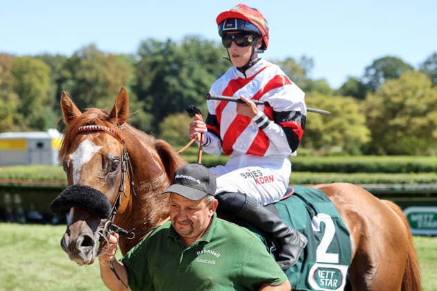 August 8, 2026, Krefeld, North Rhine-Westphalia, GER Darwinist with Sibylle Vogt after the victory at the Krefeld Stadtwald Racetrack Horse, jockey, Darwinist, Vogt, victory 260808SG932KREFELD JPG