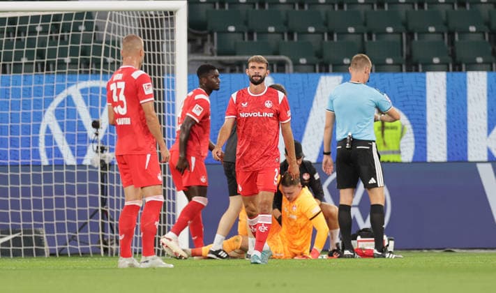 Goalkeeper Julian Krahl, 1. FC Kaiserslautern, Injury, Soccer, Men s, 2026–2027 Season, 2. Bundesliga, Volkswagen Arena, VfL Wolfsburg vs. 1. FC Kaiserslautern DFL REGULATIONS PROHIBIT ANY USE OF PHOTOGRAPHS AS IMAGE SEQUENCES AND OR QUASI-VIDEO