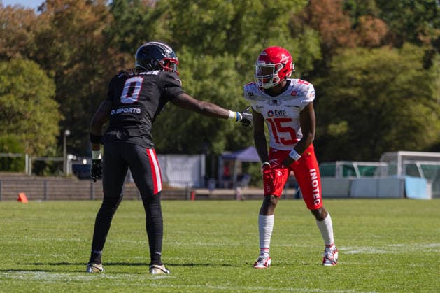 Keyshawn Smith, Chando Ndongfack, Düsseldorf Panthers vs. Potsdam Royals; Keyshawn Smith, Wide Receiver 15; Chando Ndongfack, Defensive Back 0; Düsseldorf Panthers vs. Potsdam Royals at Panther Stadium in Düsseldorf, Germany, North Rhine-Westphalia; American football, Matchday 9 of the Effect Energy GFL 2026 season. Final score: 0–49