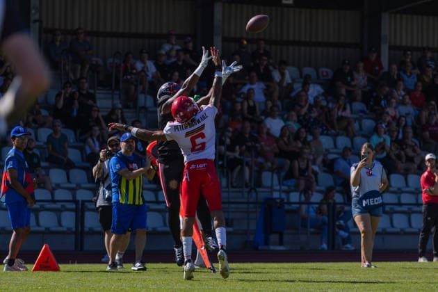 Devin Hembry, Düsseldorf Panthers vs. Potsdam Royals; Devin Hembry, defensive back, No. 6; Düsseldorf Panthers vs. Potsdam Royals at Panther Stadium in Düsseldorf, Germany, North Rhine-Westphalia; American football; Week 9 of the 2026 Effect Energy GFL season; Final score: 0–49