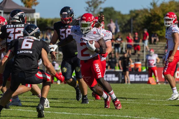 Chrisman Kyei Düsseldorf Panthers vs. Potsdam Royals Chrisman Kyei, running back, No. 2 Düsseldorf Panthers vs. Potsdam Royals at Panther Stadium in Düsseldorf, Germany, North Rhine-Westphalia American football, Week 9 of the 2026 Effect Energy GFL season. Final score: 0–49
