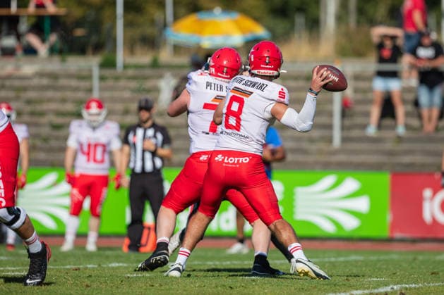 Hugh Harvey Düsseldorf Panthers vs. Potsdam Royals Hugh Harvey, quarterback 8, Düsseldorf Panthers vs. Potsdam Royals at Panther Stadium in Düsseldorf, Germany, North Rhine-Westphalia; American football; Week 9 of the 2026 Effect Energy GFL season; Final score: 0–49