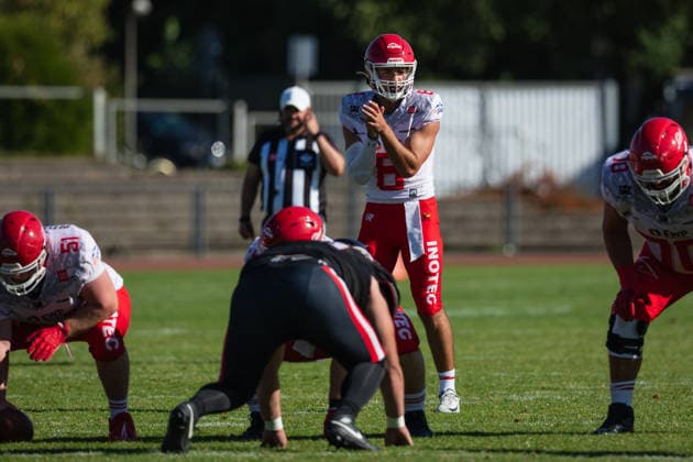 Hugh Harvey Düsseldorf Panthers vs. Potsdam Royals Hugh Harvey, quarterback 8, Düsseldorf Panthers vs. Potsdam Royals at Panther Stadium in Düsseldorf, Germany, North Rhine-Westphalia; American football; Week 9 of the 2026 Effect Energy GFL season; Final score: 0–49