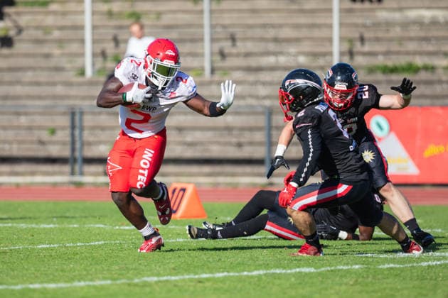 Chrisman Kyei Düsseldorf Panthers vs. Potsdam Royals Chrisman Kyei, running back, No. 2 Düsseldorf Panthers vs. Potsdam Royals at Panther Stadium in Düsseldorf, Germany, North Rhine-Westphalia American football, Week 9 of the 2026 Effect Energy GFL season. Final score: 0–49