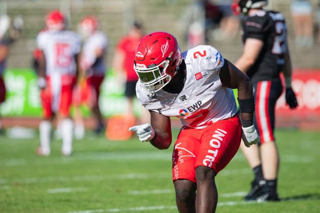 Chrisman Kyei Düsseldorf Panthers vs. Potsdam Royals Chrisman Kyei, running back, No. 2 Düsseldorf Panthers vs. Potsdam Royals at Panther Stadium in Düsseldorf, Germany, North Rhine-Westphalia American football, Week 9 of the 2026 Effect Energy GFL season. Final score: 0–49