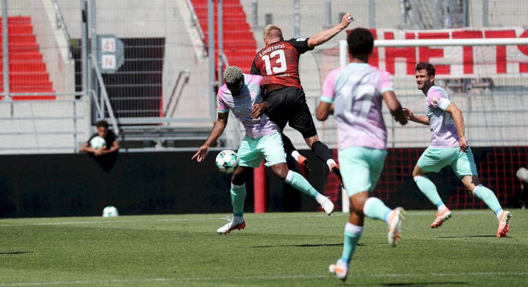 August 7, 2026, 3rd Division, FC Ingolstadt 04 vs. FC Würzburger Kickers; from left: Nathan de Medina (FC Würzburger Kickers), Lars Lokotsch (FC Ingolstadt 04), Liam Omore (FC Würzburger Kickers), Daniel Haegele (FC Würzburger Kickers); Ingolstadt, Audi Sportpark, Bavaria, Germany