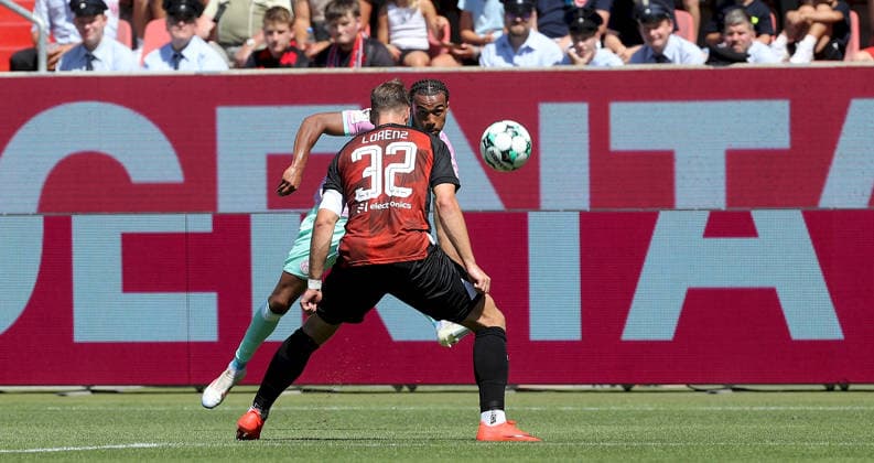 August 7, 2026, 3rd Division, FC Ingolstadt 04 vs. FC Würzburger Kickers; from left: David Abrangao (FC Würzburger Kickers), Simon Lorenz (FC Ingolstadt 04); Ingolstadt, Audi Sportpark, Bavaria, Germany