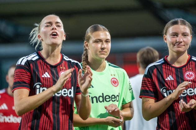 August 8, 2026, xhfmx, Soccer UEFA WCLQ, Eintracht Frankfurt vs. Malmö FF. The Eintracht women celebrate their home victory against Malmö. Laura Freigang, Eintracht Frankfurt, 10; Katharina Jeppe, Eintracht Frankfurt, 30; Tessa Zimmermann, Eintracht Frankfurt, 31 DFL DFB REGULATIONS PROHIBIT ANY USE OF PHOTOGRAPHS AS IMAGE SEQUENCES AND OR QUASI-VIDEO Frankfurt