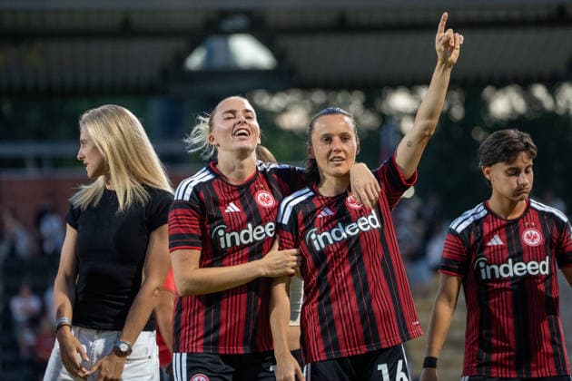 August 8, 2026, xhfmx, Soccer UEFA WCLQ, Eintracht Frankfurt vs. Malmö FF. The Eintracht women celebrate their home victory against Malmö. Laura Freigang, Eintracht Frankfurt, 10, Hayley Raso, Eintracht Frankfurt, 16. DFL and DFB regulations prohibit any use of photographs as image sequences and or quasi-video. Frankfurt