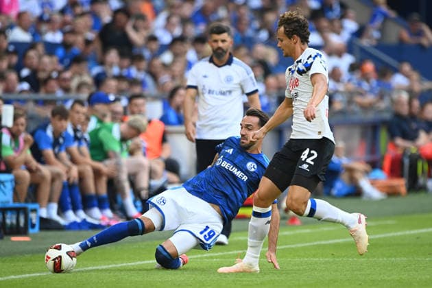Kenan KARAMAN (GE) vs. Giorgio SCALVINI (AB) – Action, Tackle, Soccer Friendly Match: FC Schalke 04 vs. Atalanta Bergamo on August 8, 2026, at the Veltins Arena in Gelsenkirchen, Germany. DFL regulations prohibit any use of photographs as image sequences and or quasi-video.