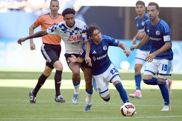 Soufiane EL FAOUZI (GE) vs. EDERSON AB: Action, Tackle, Soccer Friendly Match: FC Schalke 04 vs. Atalanta Bergamo on August 8, 2026, at the Veltins Arena in Gelsenkirchen, Germany. DFL regulations prohibit any use of photographs as image sequences and or quasi-video.
