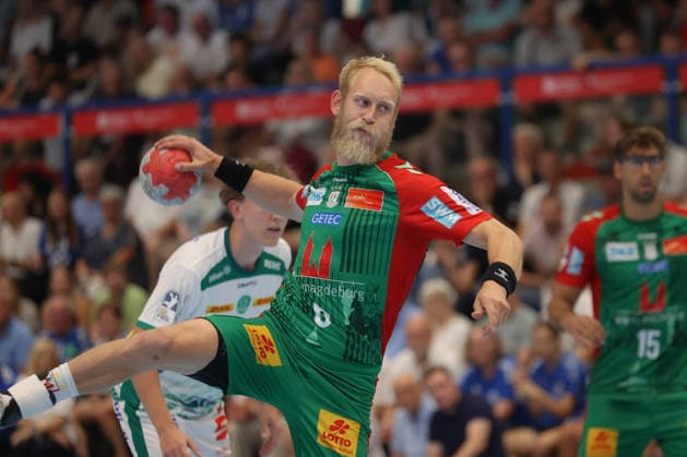 August 8, 2026, xtgx, Handball Tournament, SC Magdeburg vs. SC DHfK Leipzig emspor, from left: Matthias Musche (Magdeburg), 6 takes a shot, goal scorer, scores a goal, Lößnitz