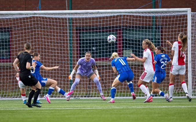 during UEFA Women s Champions League Qualifying Round Two Final match at Petershill Park, Glasgow. Ajax v Rangers Women - UEFA Women s Champions League Qualifying Round Two Final - Petershill Park, Glasgow, Lanarkshire, Scotland, UK - 08 Aug 2026Glasgow Petershill Park Lanarkshire, Scotland United Kingdom EDITORIAL USE ONLY  Copyright: xRangersxFC Shutterstockx 17057281bq