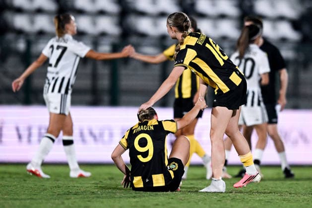 August 8, 2008: Mari Nyhagen and Svea Rehnberg of Hammarby look dejected after the Women’s Champions League qualifying match between Juventus and Hammarby on August 8, 2026 in Turin. Photo by Daniele Buffa, BILDBYRAN COP 18 XY0123 soccer football UEFA Women’s Champions League Juventus Hammarby women’s team BBENG depp  Copyright: DANIELExBUFFA BB260808BB690