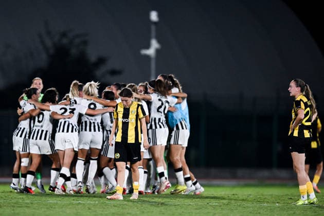 August 8, 2026: Juventus players celebrate while Hammarby players look dejected after the Women’s Champions League qualifying match between Juventus and Hammarby on August 8, 2026 in Turin. Photo by Daniele Buffa, BILDBYRAN COP 18 XY0123 soccer football UEFA Women’s Champions League Juventus Hammarby women’s team BBENG dejected celebration  Copyright: DANIELExBUFFA BB260808BB703