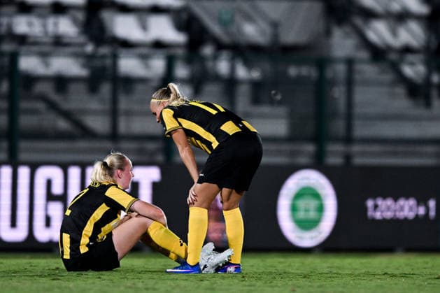 August 8, 2008: Emilie Bragstad and Stina Lennartsson of Hammarby look dejected after the Women’s Champions League qualifying match between Juventus and Hammarby on August 8, 2026 in Turin. Photo by Daniele Buffa, BILDBYRAN COP 18 XY0123 soccer football UEFA Women’s Champions League Juventus Hammarby women’s team BBENG depp  Copyright: DANIELExBUFFA BB260808BB706