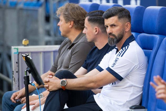 From left: Youri MULDER, Director of Professional Soccer at FC Schalke 04; Maximlian LUEFTI (Lüfti), Squad Planner, FC Schalke 04 Coach Miron MUSLIC GE Soccer Friendly Match: FC Schalke 04 vs. Atalanta Bergamo 0–3 on August 8, 2026, at the Veltins Arena in Gelsenkirchen, Germany. DFL regulations prohibit any use of photographs as image sequences and or quasi-video.
